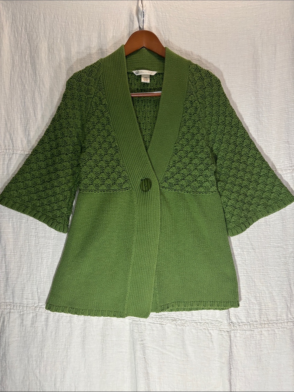 Green Knit Open-Front Cardigan with Textured Bell Sleeves